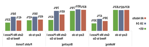 83%的成年人表示步行和骑自行车很容易, 但只有56%的年轻人和42%的老年人认为公共交通很方便. 整体, 65%的人认为骑自行车是一种有效的替代交通方式, 这一比例在年轻人中为79%，在老年人中仅为43%. 很少有人认为步行和公共交通是有效的，但年轻人更赞成.